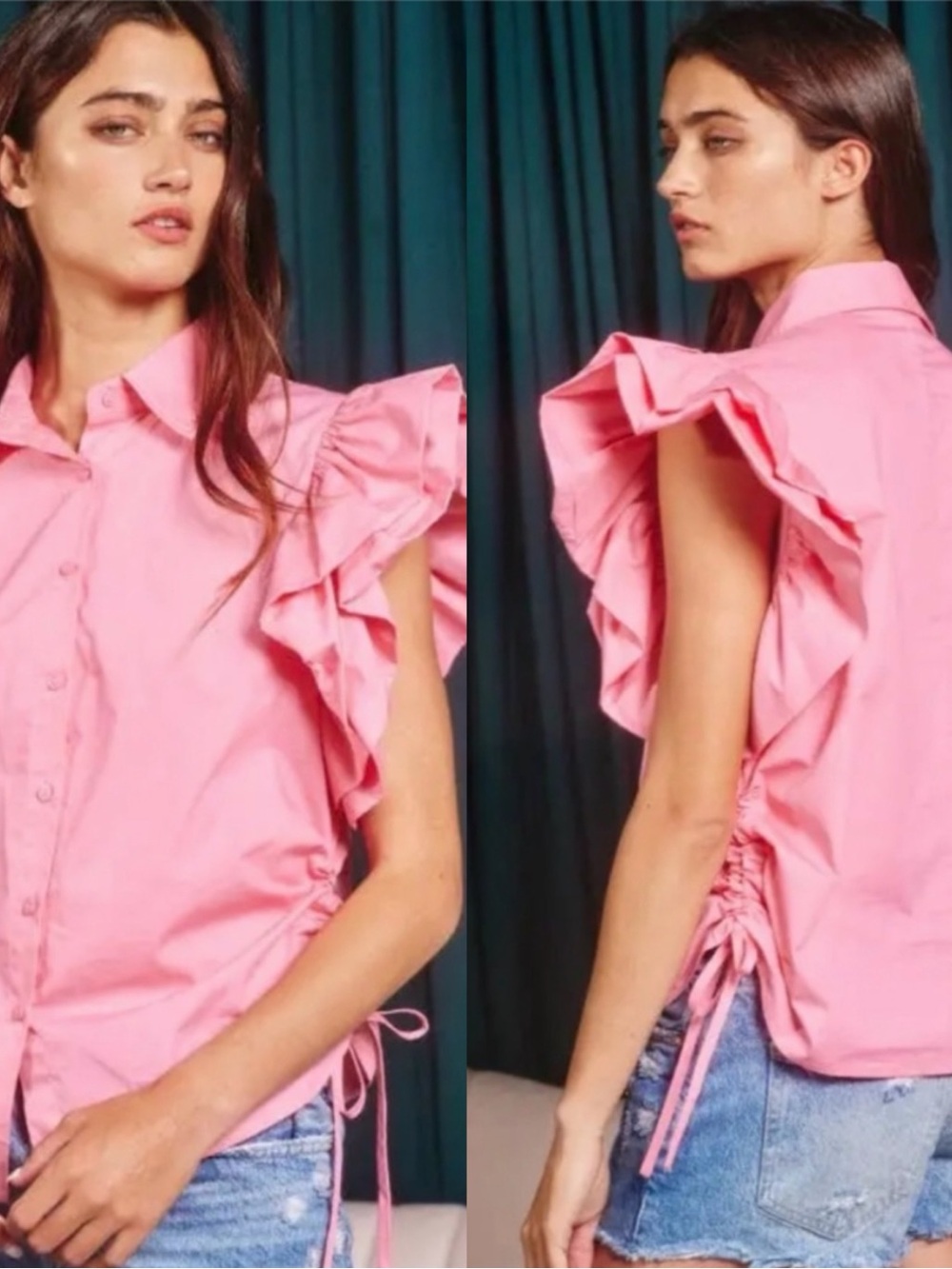Bucket List Pink Ruffle Sleeve Button-Up Top